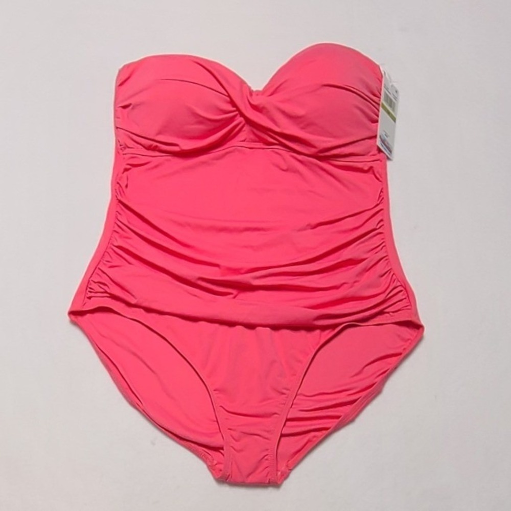 Anne Cole Pink Glow Twist Front Bandeau One Piece Swimsuit Women's Size 14